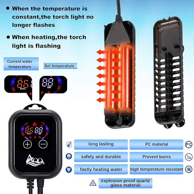 AQQA Submersible Aquarium Heater,100W/200W/300W/500W/800W/1000W/1200W Fish Tank Heater,External Temperature Controller LED Temperature Display,Suitable for Saltwater and Freshwater(1200W)