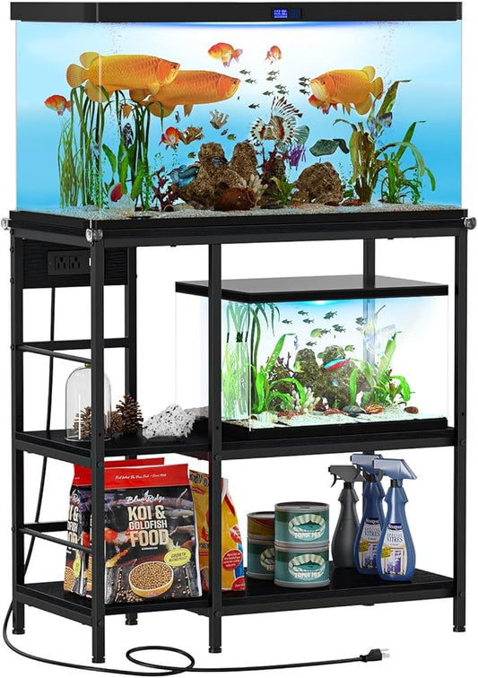 Snughome Fish Tank Stand with Charging Station, 10-29 Gallon Aquarium Stands 3-Tier, Adjustable Fish Tank Shelf for Home Heavy Duty Metal 33.07" x 16.53" x 32.67", Black