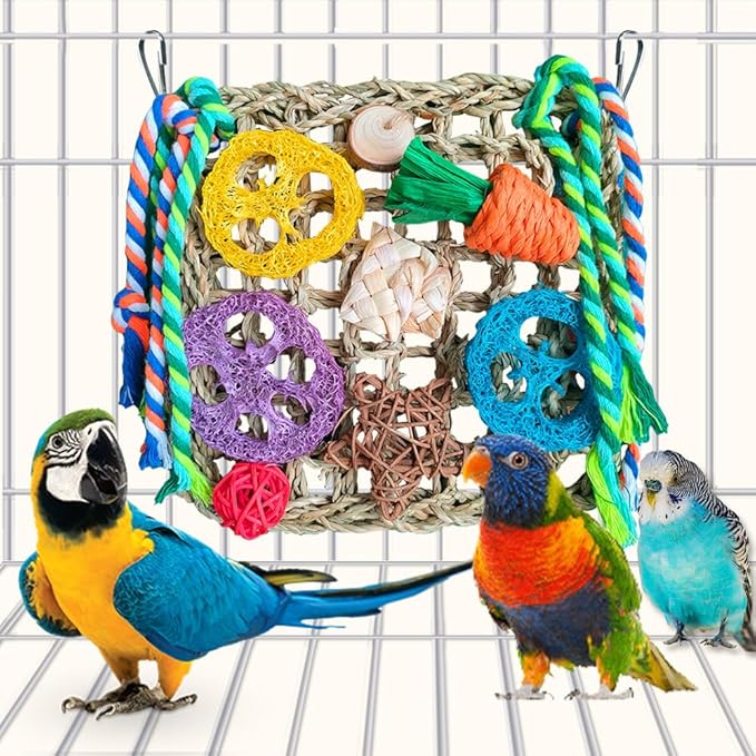 Parrot Toys, Bird Foraging Toys for Parakeets, Woven Climbing Hammock with Colorful Chewing Toys Seagrass Mat for Lovebirds, Parakeets, Budgerigars, Conure, Cockatiel