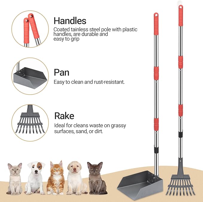 Heeyoo Dog Pooper Scooper, Dog Poop Tray and Rake Set, Pet Waste Removal Scoop with Long Adjustable Sectional Stainless Handles