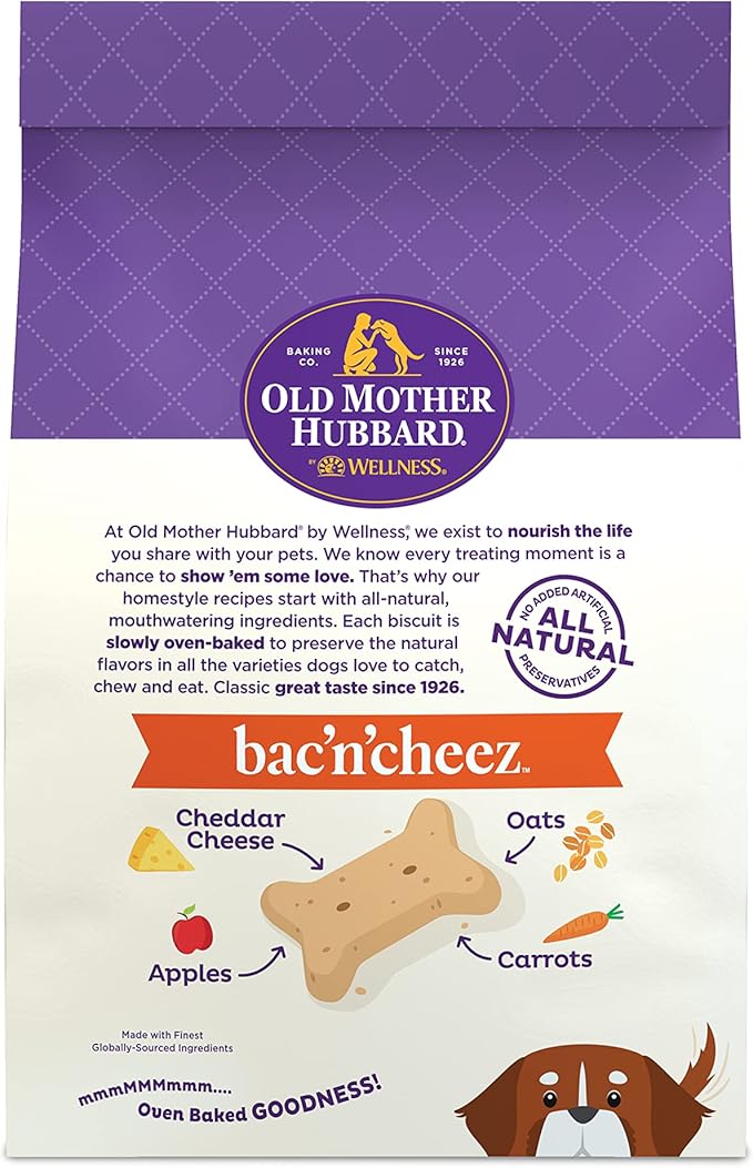 Old Mother Hubbard by Wellness Classic Bac'N'Cheez Natural Dog Treats, Crunchy Oven-Baked Biscuits, Ideal for Training, Large Size, 3 Pound (Pack of 1)