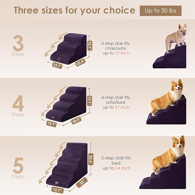 EHEYCIGA Curved Dog Stairs for High Beds 19.7" H, 4-Step Dog Steps for Small Dogs and Cats, Pet Stairs for High Bed Climbing, Non-Slip Balanced Pet Step Indoor, Purple