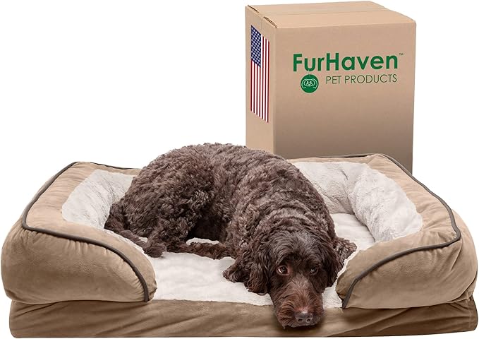 Furhaven Cooling Gel Dog Bed for Large/Medium Dogs w/ Removable Bolsters & Washable Cover, For Dogs Up to 55 lbs - Plush & Velvet Waves Perfect Comfort Sofa - Brownstone, Large