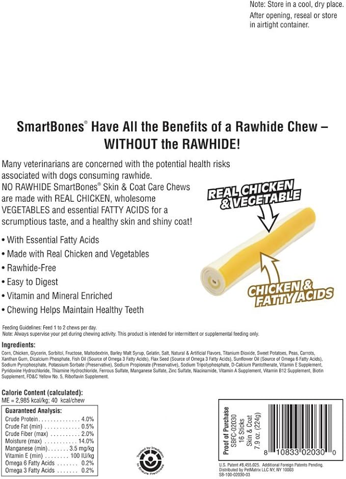 SmartBones Skin And Coat Care Sticks 16 Count, Rawhide-Free Chews For Dogs, With Omega Fatty Acids