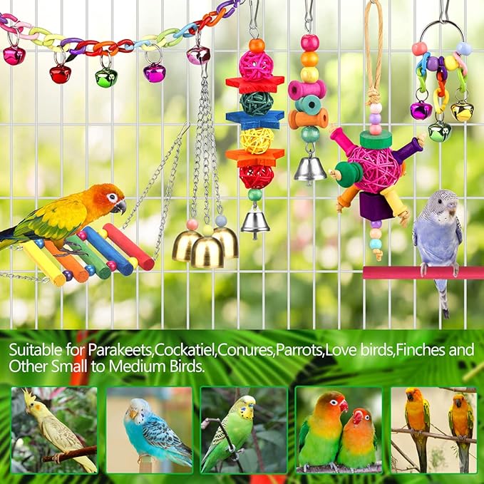 Bird Toys for Conures with Colorful Ladder hammock Bird Cage Accerious Bird Perch Stand Chewing Toys Hanging Bell Parrot Parakeet Cockatiel Lovebirds