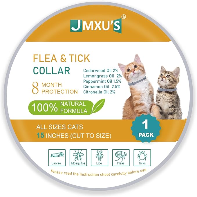 Flea and Tick Collar for Cats &Kitten, Natural Essential Oil Flea and Tick Prevention for Cats, 15 Inch, 8 Month Protection, 1 Pack