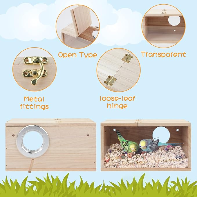 Rypet Parakeet Nesting Box Transparent Design, Bird Nest Breeding Box with Perch Wood Bird Cage House for Cockatiel Lovebirds Budgie Finch Parrotlets Canary