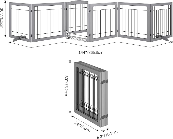 Folding Pet Gate 144" Wide, 30" Tall No-Assembly Wooden Dog Gate with Door Walk Through, Freestanding Wire Pet Gate, Pet Puppy Safety Fence, with 2PCS Support - Gray