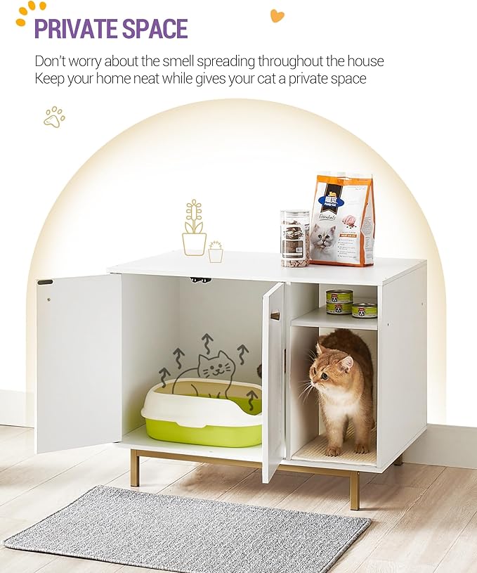 Cat Litter Box Enclosure, Hidden Litter Box Furniture, Wooden Pet House Side End Table, Storage Cabinet Bench for Living Room, Bedroom, 31.5 x 19.7 x 23.9 inches, White and Gold 01503GCLB