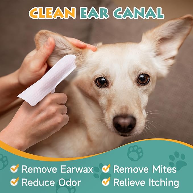 Ear Wipes for Dogs and Cats, Extra-Large Size Relief Finger Wipe Ear Cleaner to Stop Ear Itching and Infections, 50 Disposable Wipes