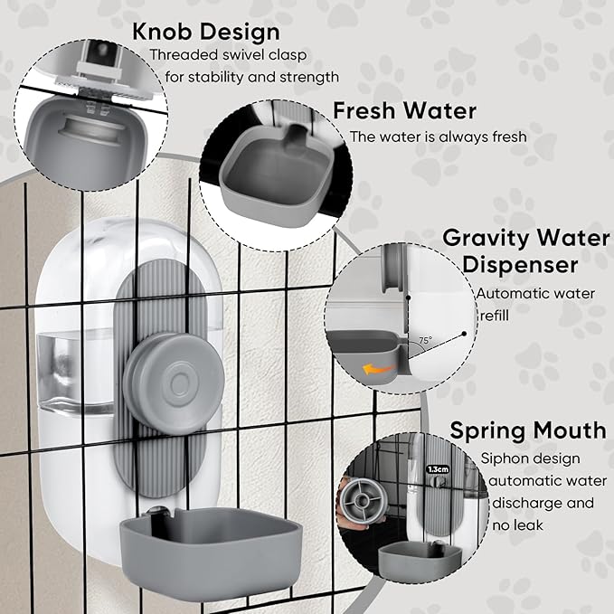28oz Hanging Automatic Water Dispenser，Rabbit Water Bottle,Bunny Guinea Pig Ferret Water Bowl for Cage,Suitable for Small Animal Puppies(Cage Grid Spacing Over 1.2'')(Gray)
