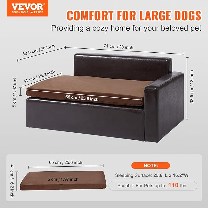 VEVOR Pet Sofa, Dog Couch for Medium-Sized Dogs and Cats, Soft Leather Dog Sofa Bed, 110 lbs Loading Cat Sofa, Black