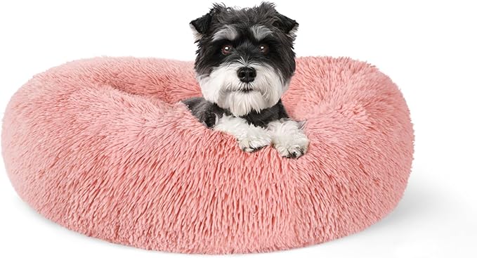 rabbitgoo Calming Dog Bed for Small Dog, 27 inches Pet Bed Washable, Fluffy Round Bed, Non-Slip Plush Large Cat Bed, Soft Cushion for Puppy, Pink