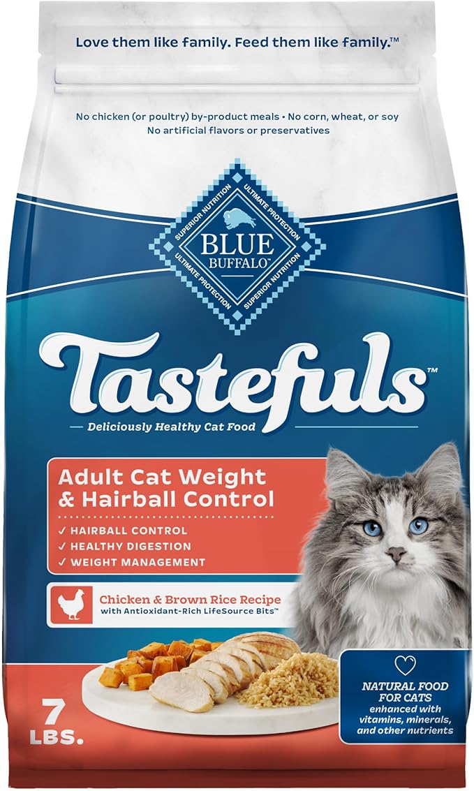 Blue Buffalo Tastefuls Adult Dry Cat Food for Weight Management & Hairball Control, Made in the USA with Natural Ingredients, Chicken Recipe, 7-lb. Bag