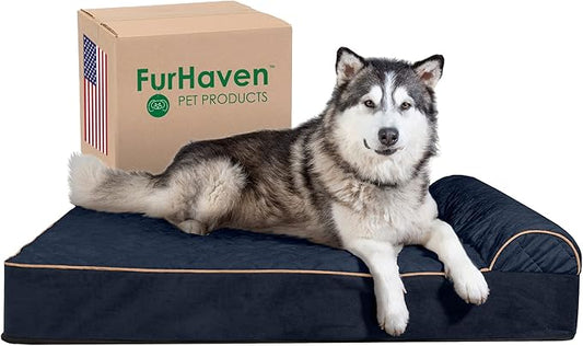 Furhaven Orthopedic Dog Bed for Extra Large Dogs w/ Bonus Water-Resistant Liner & Removable Washable Cover, For Dogs Up to 300 lbs - Goliath Quilted Faux Fur & Velvet Bolster Chaise - Dark Blue, 3XL