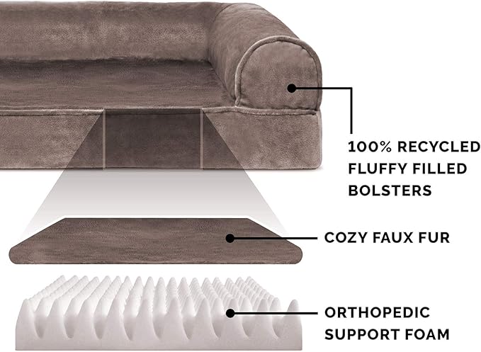 Furhaven Orthopedic Dog Bed for Large/Medium Dogs w/ Removable Bolsters & Washable Cover, For Dogs Up to 55 lbs - Faux Fur & Velvet Sofa - Driftwood Brown, Large