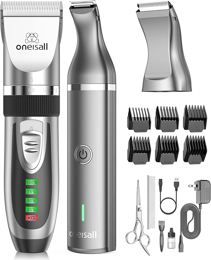 oneisall Dog Clippers and Dog Paw Trimmer Kit 2 in 1 Pet Cat Dog Grooming Kit Quiet Cordless Dog Clippers for Grooming Pet Hair Trimmers for Dogs Cats