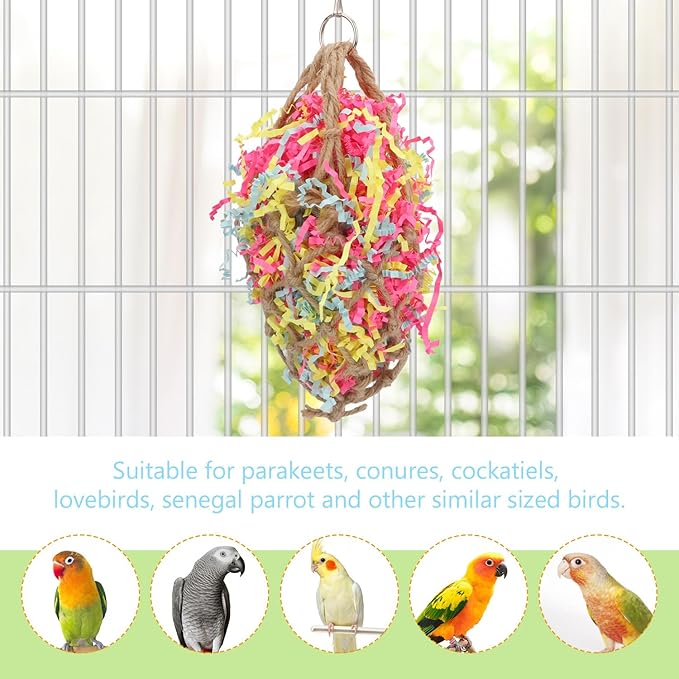 Bird Jute Paper Strips Parrot Mesh Bag Hanging Chewing Toy for Parakeet Cockatiel Conure Cockatoo African Grey Macaw