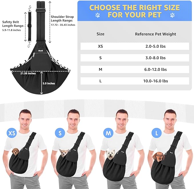 SlowTon Dog Carrier Sling - Thick Padded Adjustable Shoulder Strap Dog Carriers for Small Dogs, Puppy Carrier Purse for Pet Cat with Front Zipper Pocket Safety Belt Machine Washable (Black Knitted, S)