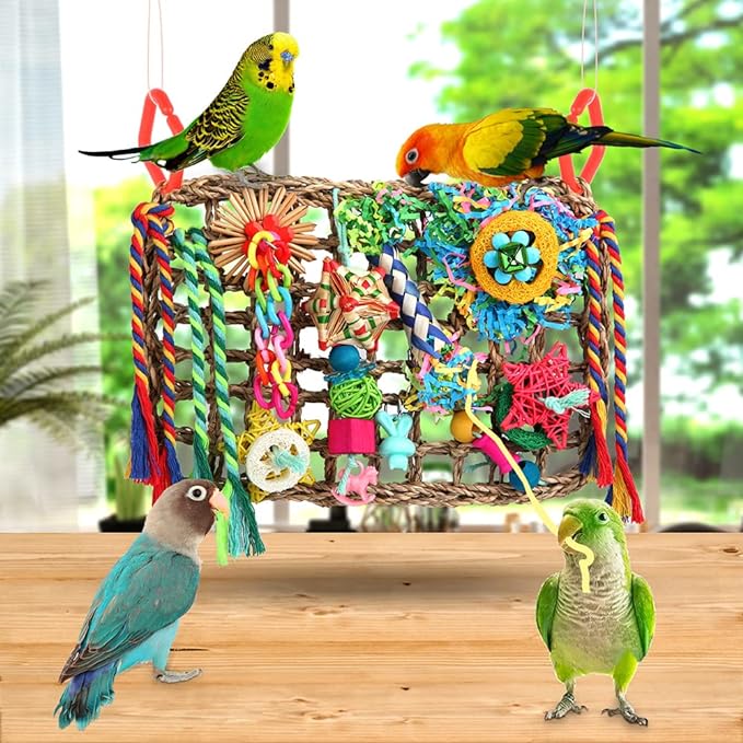 Bird Toys Bird Foraging Toys for Parakeets Cockatiel Conures Lovebirds Bird Foraging Shredding Seagrass Wall with Various Toys for Birds