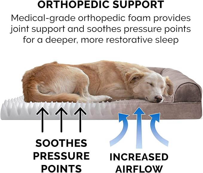 Furhaven Orthopedic Dog Bed for Large Dogs w/ Removable Bolsters & Washable Cover, For Dogs Up to 95 lbs - Faux Fur & Velvet Sofa - Driftwood Brown, Jumbo/XL
