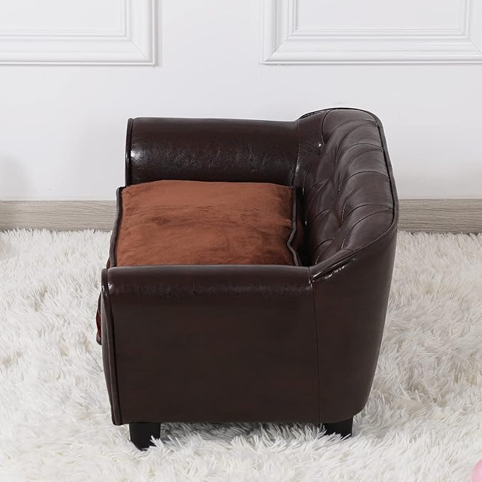 Dog Sofa and Chair/Luxury PU Leather Pet Sofa Chair/with Copper Nail Dog Couch/Wooden Frame Cat Sofa Chair/Dog Sofa Bed with Suede Cushion for Small Dog Using (brown)