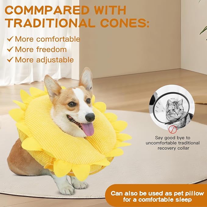 IEUUMLER Inflatable Recovery Dog Collar, Protective Donut Cone, Adjustable Soft Collar for Dog and Cat After Surgery Prevent from Biting & Scratching EU002 (L (Neck:11.8"-16.1"), Sunflower)