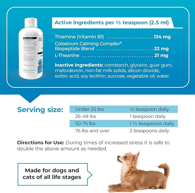 VetriScience Composure Max Liquid Formula - Clinically Proven Dog Calming and Cat Calming Supplement with Colostrum, L-Theanine & Vitamin B1 for Stress, Storms, Separation & More - 8 oz