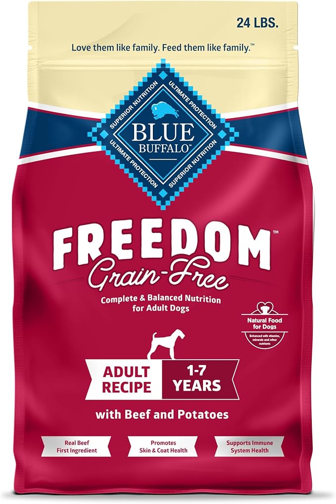 Blue Buffalo Freedom Grain-Free Dry Dog Food, Complete & Balanced Nutrition for Adult Dogs, Made in the USA With Natural Ingredients, Beef & Potatoes, 24-lb. Bag