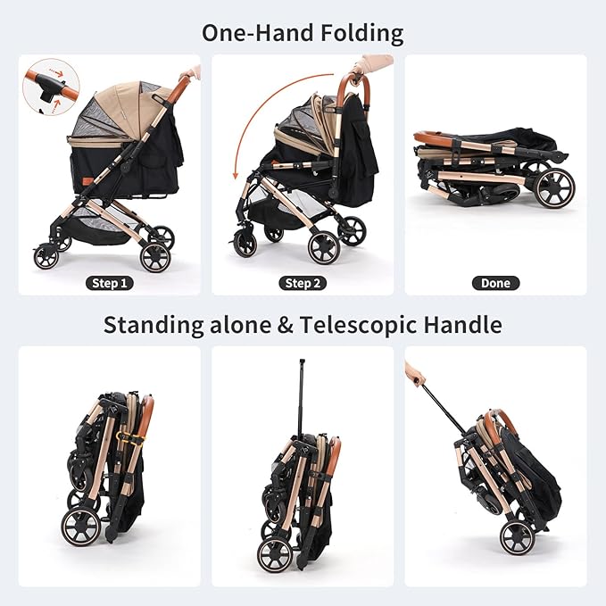 Pet Strollers for Small Medium Dogs Cats, No Zipper Entry with Reversible Handle, One-Hand Foldable Puppy Doggie Jogging Stroller Pet Travel (khaki)