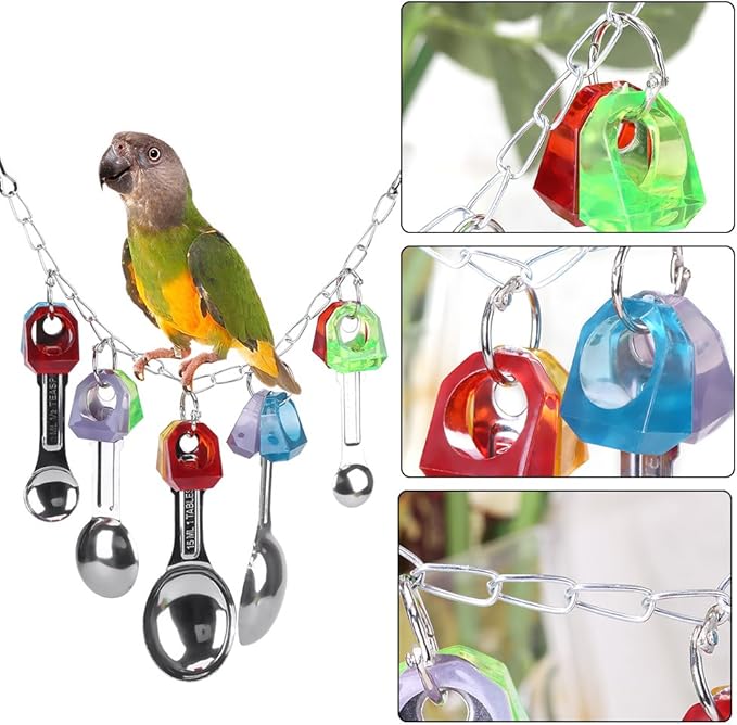 Fdit Bird Chew Toy with Metal Spoons Colorful Hanging Chewing Toy Lovebirds Cage for Parrots Parakeet Cockatiel Conure