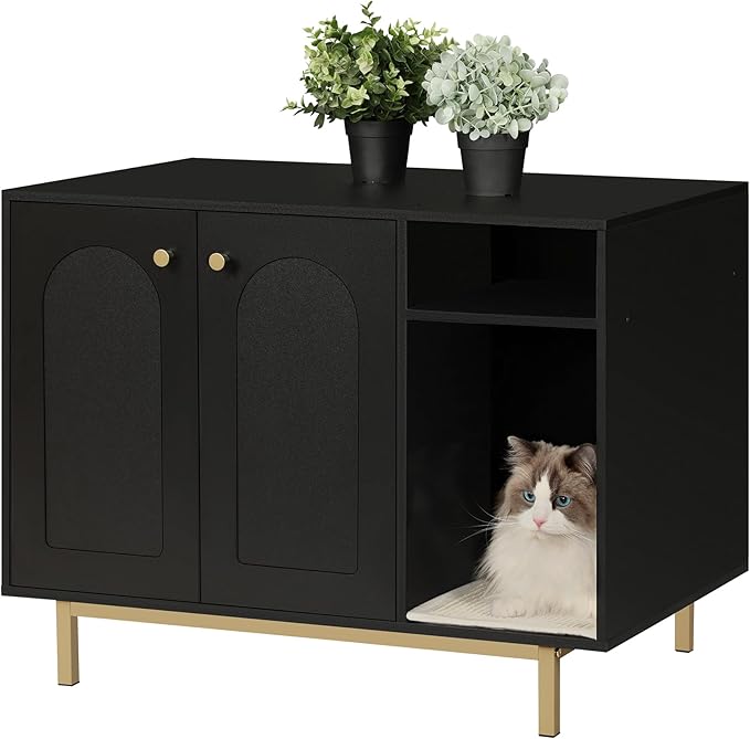 Cat Litter Box Enclosure, Hidden Litter Box Furniture, Wooden Pet House Side End Table, Storage Cabinet Bench for Living Room, Bedroom, 31.5 x 19.7 x 23.9 inches, Black and Gold CB01504G