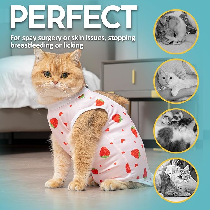 Avont 2 Pack Cat Recovery Suit - Kitten Onesie for Cats After Surgery, Surgical Spay Recovery Suit Female for Abdominal Wounds or Skin Diseases Protection -Cherry/Strawberry(S)