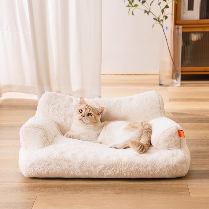 Pet Bed for Medium Small Cats and Dogs, Washable Puppy Sleeping Bed Cat Couch Pet Sofa Bed, Soft Calming Cat Sofa Beds for Indoor Cats Anti-Slip Bottom (White)