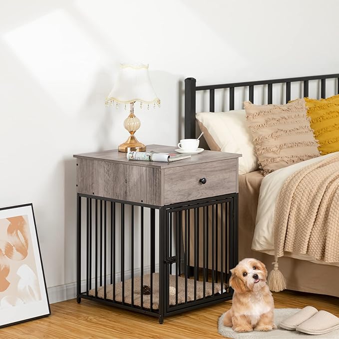 HOOBRO Dog Crate Furniture, Dog Crate Table, Decorative Dog Kennel with Drawer, Indoor Pet Crate End Table for Small Dog, Steel-Tube Dog Cage, Chew-Proof, Greige BG01GW03