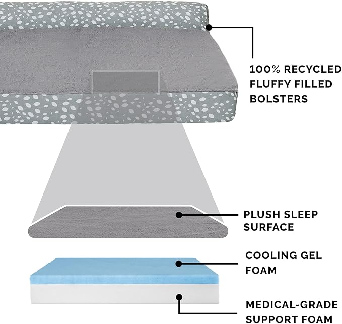 Furhaven Cooling Gel Dog Bed for Large Dogs w/ Removable Bolsters & Washable Cover, For Dogs Up to 95 lbs - Plush & Almond Print L Shaped Chaise - Gray Almonds, Jumbo/XL