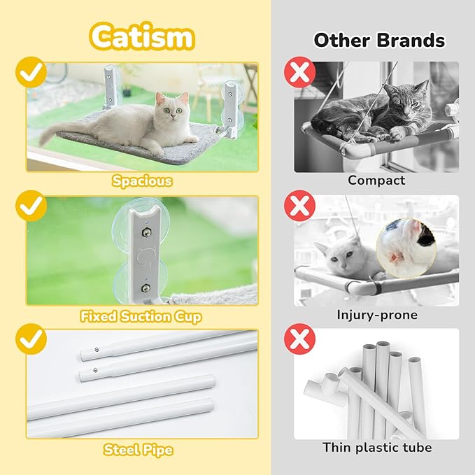 Foldable Cat Window Perch, Cordless Cat Hammock Window with 4 Strong Suction Cups, Cat Beds for Indoor Cats, Solid Metal Frame Holds 44lbs, Reversible Cover, 20.4L'' x 11.8W'', Grey