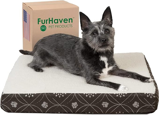 Furhaven Orthopedic Dog Bed for Small Dogs w/ Removable Washable Cover, For Dogs Up to 20 lbs - Sherpa & Flannel Paw Print Deluxe Mattress - Dark Espresso, Small