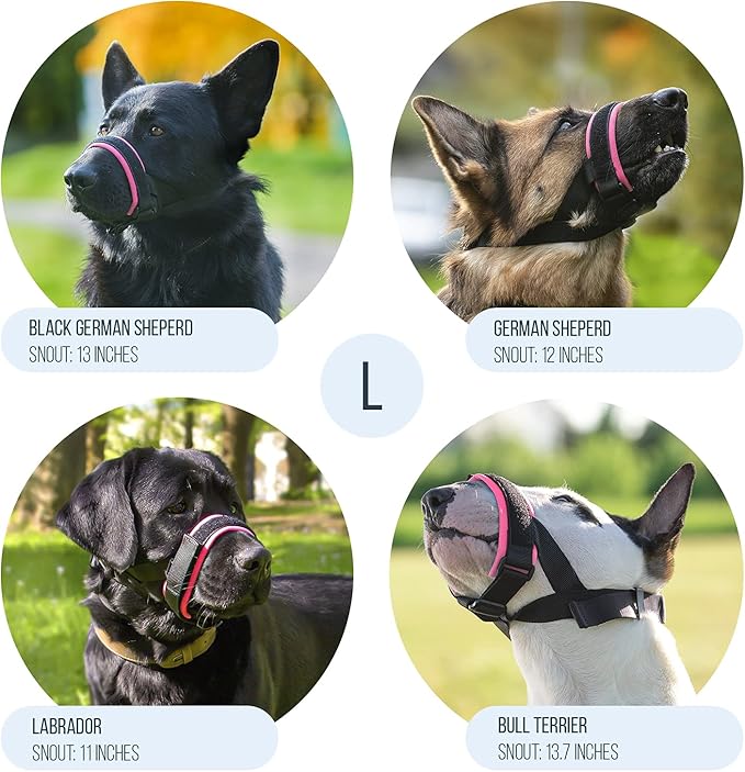 Gentle Muzzle Guard for Dogs - Prevents Biting and Unwanted Chewing Safely – New Secure Comfort Fit - Soft Neoprene Padding – No More Chafing – Training Guide Helps Build Bonds with Pet (L, Pink)