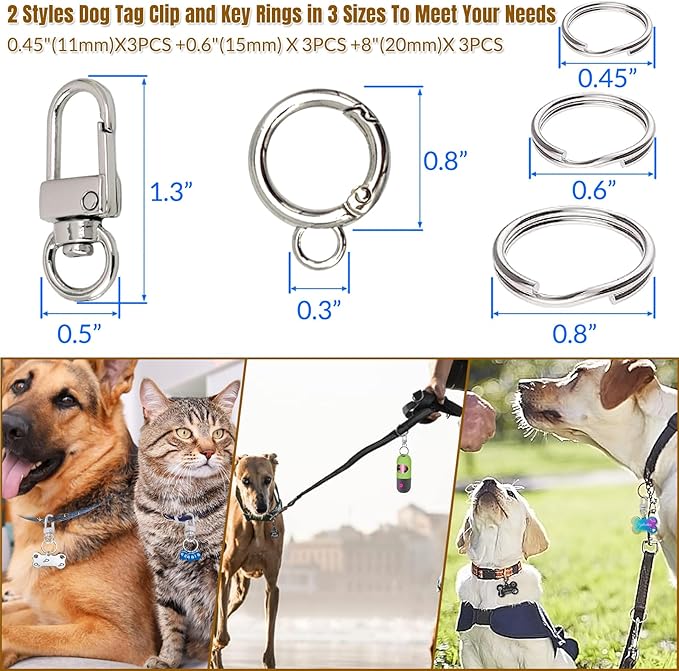 Dog Tag Clips for Collar,with 15Pcs Replaceable Dog ID Name Tag Ring Clip Dog Tag Attachment Clip Pet tag Quick Clip Clips Rings for Pet Collar Key Ring Clips Accessories 6 Sets (6 Sets)