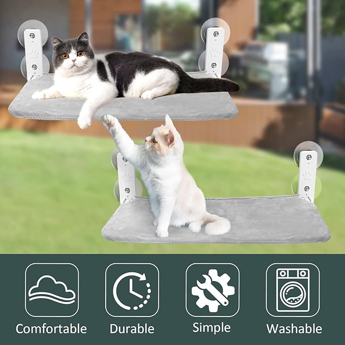 Sunhoo Cat Window Hammock Perch Cordless Perches Window Sill Seat Bed Foldable Stable Lounger Upgraded Suction Cup Easy Assembly Indoor Cats Kitty Shelf Hold Up to 55lbs (Grey, L)