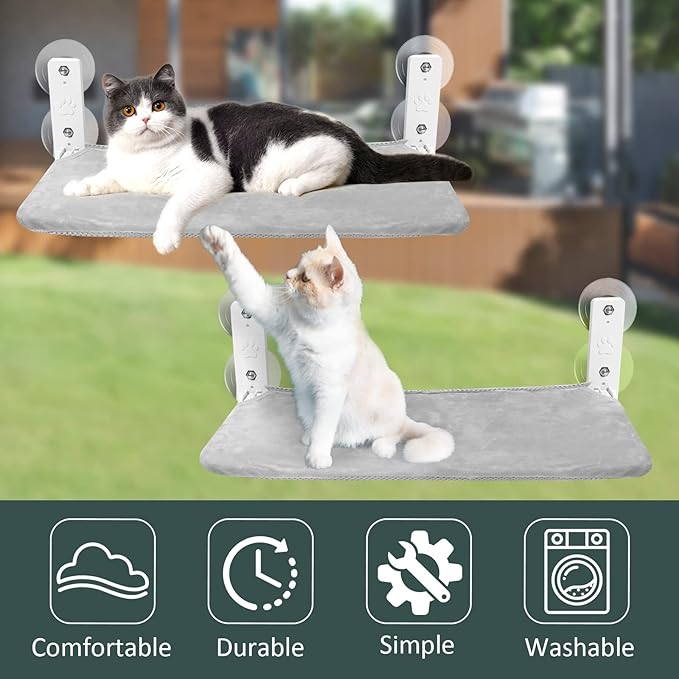 Sunhoo Cat Window Hammock Perch Cordless Perches Window Sill Seat Bed Foldable Stable Lounger Upgraded Suction Cup Easy Assembly Indoor Cats Kitty Shelf Hold Up to 55lbs（Grey,S