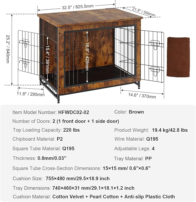 VEVOR Dog Crate Furniture, 32 inch Wooden Dog Crate with Double Doors, Heavy-Duty Dog Cage End Table with Multi-Purpose Removable Tray, Modern Dog Kennel Indoor for Dogs up to 45lb, Rustic Brown