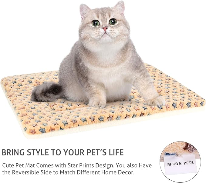 Mora Pets Cat Bed Dog Crate Pad Ultra Soft Pet Bed with Cute Star Print Washable Crate Mat for Small Dogs and Indoor Cats Reversible Fleece Dog Kennel Pad Cat Carrier Mat 14 x 17.5 inch Brown