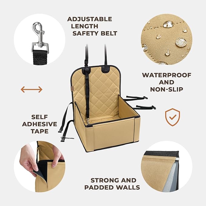 Extra Stable Dog Car Seat - Robust Car Dog Seat or Puppy Car Seat for Small to Medium-Sized Dogs - Reinforced Walls and 3 Belts - Waterproof Pet Car Seat for Back and Front Seat (Beige/Black)