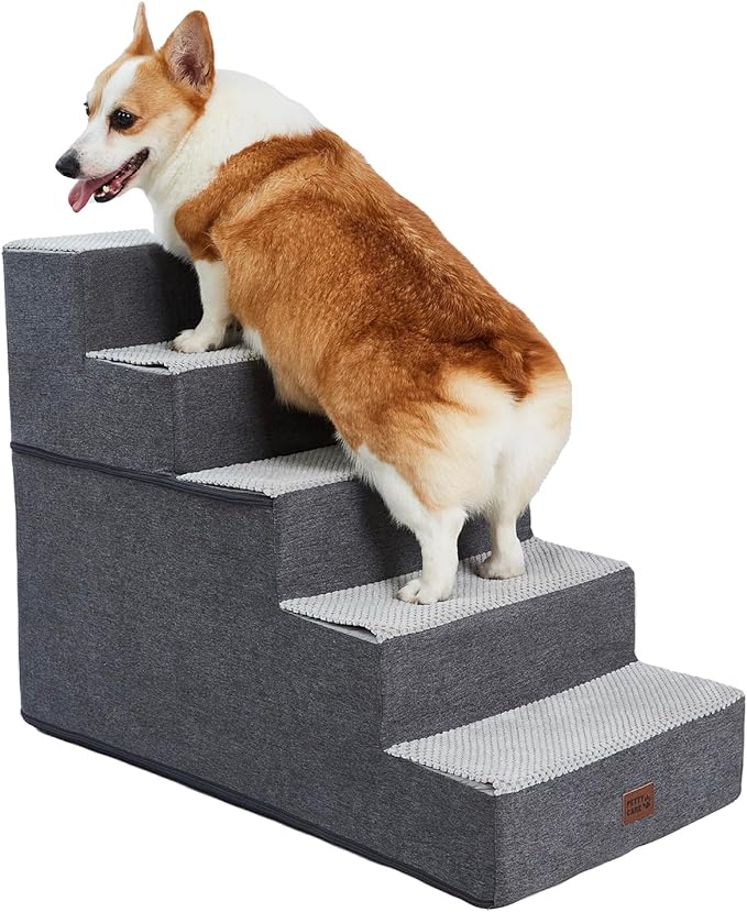 Dog Stairs for Small Dogs - Foam Pet Steps for High Beds and Couch, Non-Slip Folding Dog Steps Portable Pet Stairs for Large Dog and Cats,5 Step, Grey