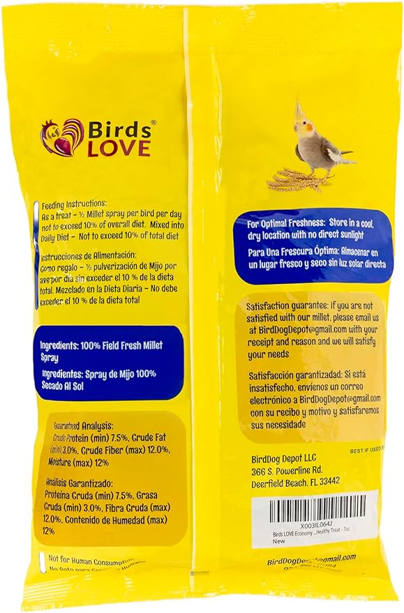 Birds LOVE Economy & Thin Special Spray Millet | GMO-Free (No Stems Only Edible Tops) for Birds Cockatiel, Lovebird, Parakeet, Finch, Canary All Parrots Healthy Treat 7 oz -Pack of 2