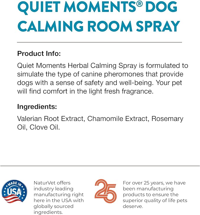 NaturVet Quiet Moments Herbal Calming Room Spray Dog Supplement – Ideal for Cars, Dog Crates, New Environments – Helps Reduce Pet Stress, Storm Anxiety, Motion Sickness – 8 Oz.