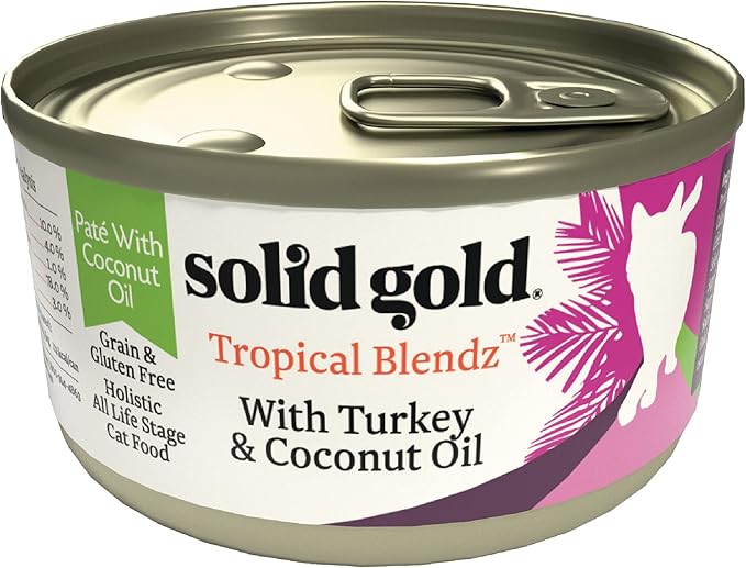 Solid Gold Wet Cat Food Pate for Adult & Senior Cats - Real Turkey & Coconut Oil - Tropical Blendz Grain Free Wet Cat Food for Healthy Digestion, Skin, Coat & Sensitive Stomach - 24ct/3oz Can