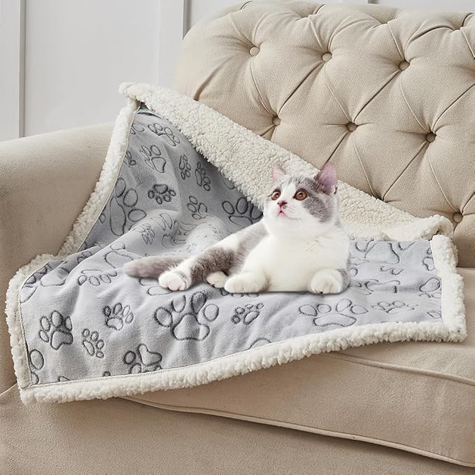 Qeils Dog Blankets for Small Dogs - Waterproof Cat Blanket Washable - Sherpa Fleece Puppy Blanket, Soft Plush Reversible Cat Kitten Blanket for Bed Couch Car Sofa, 25"X30", Grey Paw Print